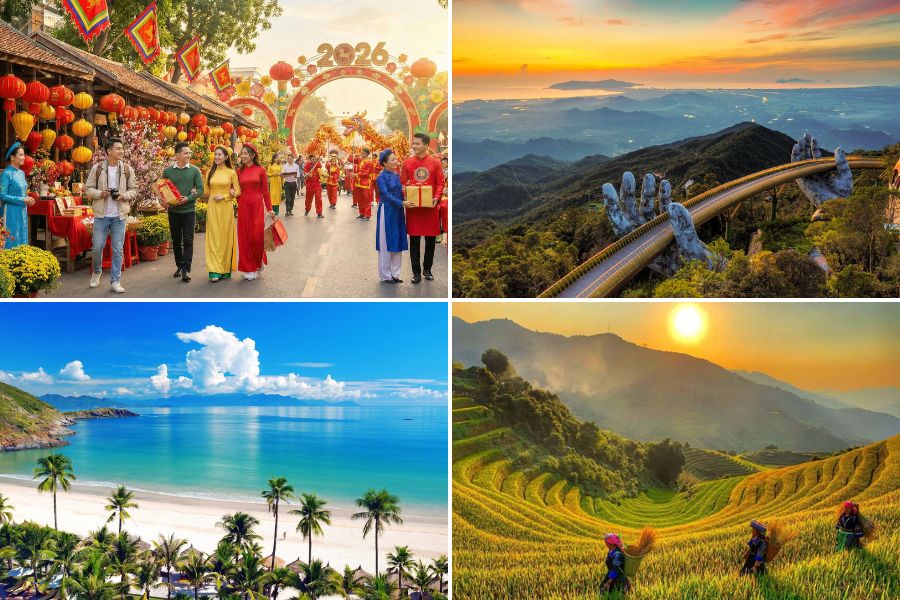 Four seasonal travel highlights across Vietnam showcasing festive celebrations, mountain sunrises, tropical beaches, and golden terraced fields.