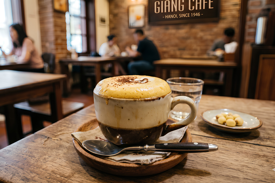 Traditional Vietnamese whipped egg coffee and iced salted cream coffee served in rustic ceramic cups at a heritage train street cafe in Hanoi