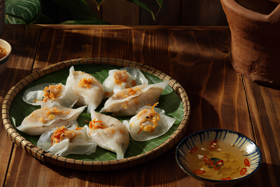 Traditional Hoi An White Rose dumplings and herbal lotus tea served during an authentic street food walking tour