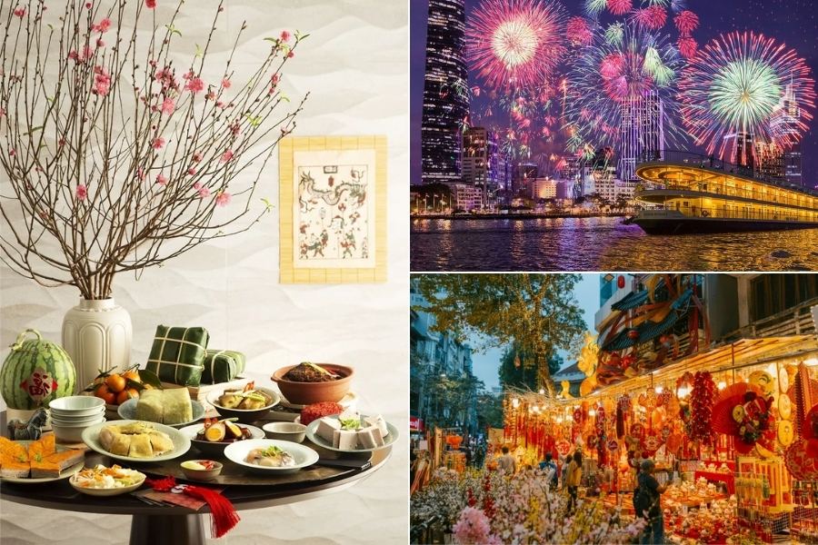 Traditional Lunar New Year tea setup with blooming peach blossoms and Chung cake in Hanoi Vietnam
