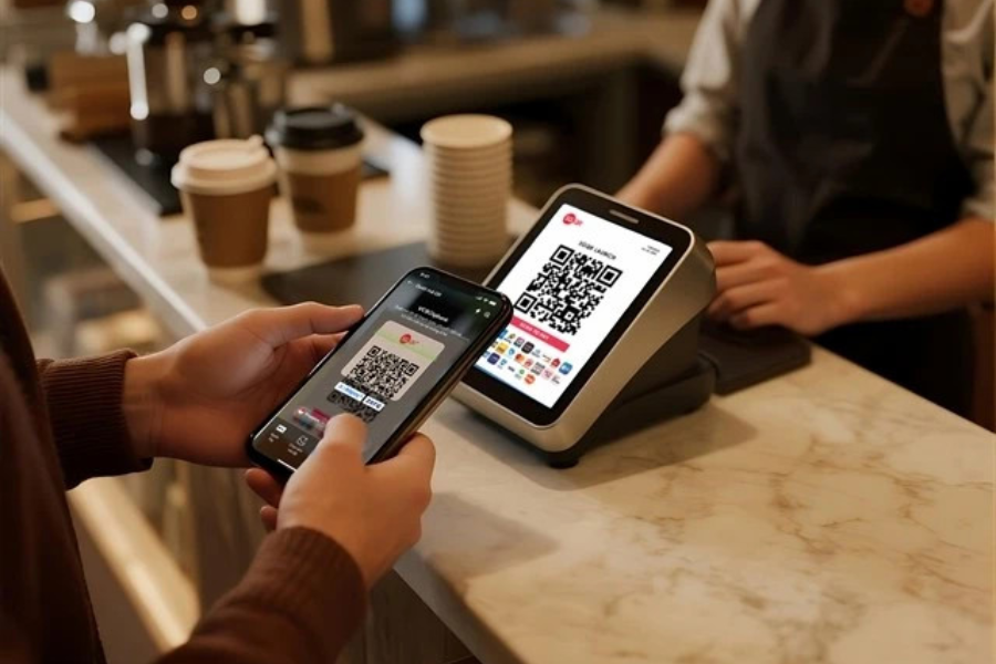 Customer scanning a digital VietQR code on a smartphone to make a contactless payment at a cafe in Ho Chi Minh City