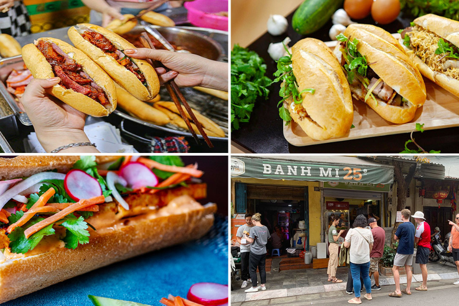 Toasted crispy Vietnamese mini-baguette filled with rich pork liver pate, traditional cold cuts, cucumber slices, and homemade butter in Hanoi Old Quarter