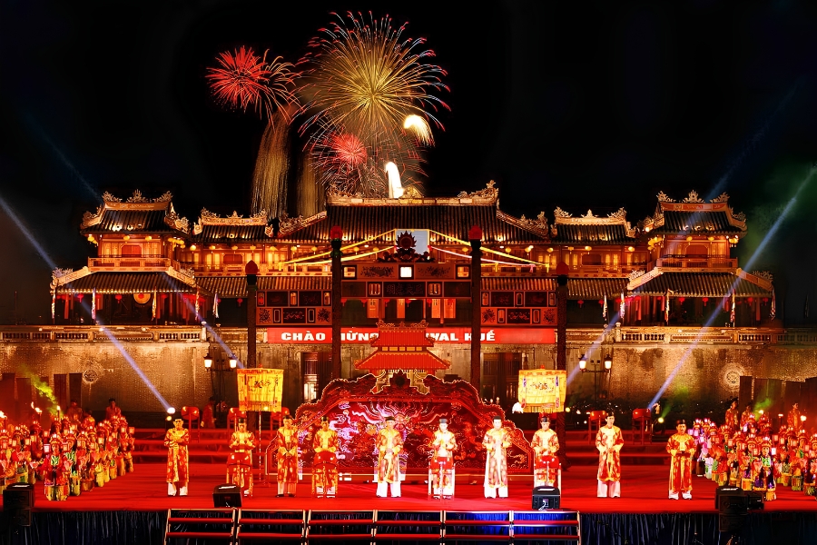 Royal musicians performing traditional court music inside the historic Hue Imperial Citadel in Vietnam.