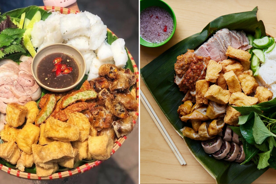 Traditional bamboo platter loaded with golden fried tofu cubes, boiled pork belly, green rice patties, rice vermicelli, and frothy purple fermented shrimp paste