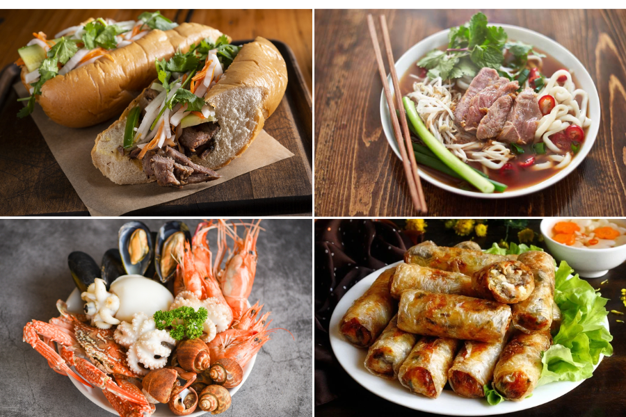 A delicious spread of certified Halal Vietnamese cuisine featuring steaming beef noodle soup, crispy spring rolls, fresh seafood, and crispy baguette sandwiches at a top Halal restaurant in Vietnam