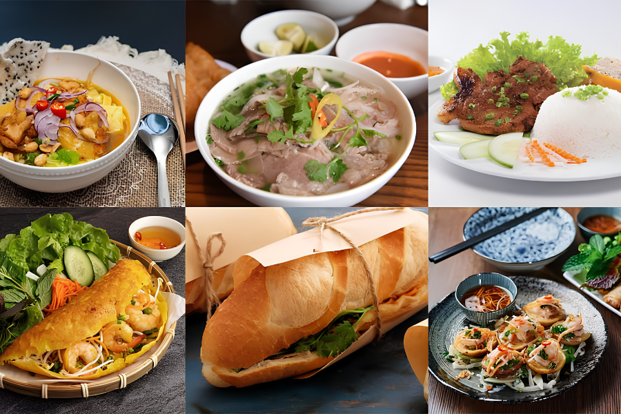 Spread of iconic Vietnamese dishes including steaming beef pho, crispy banh mi, and fresh herbs at a restaurant in Vietnam