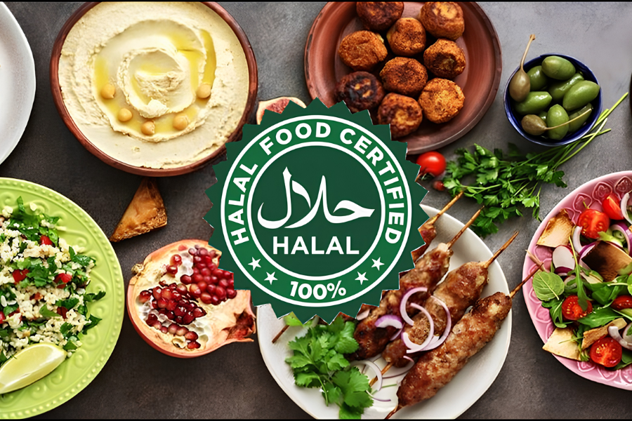 Official Halal certification logo displayed at the entrance of a restaurant serving Vietnam halal food in Ho Chi Minh City