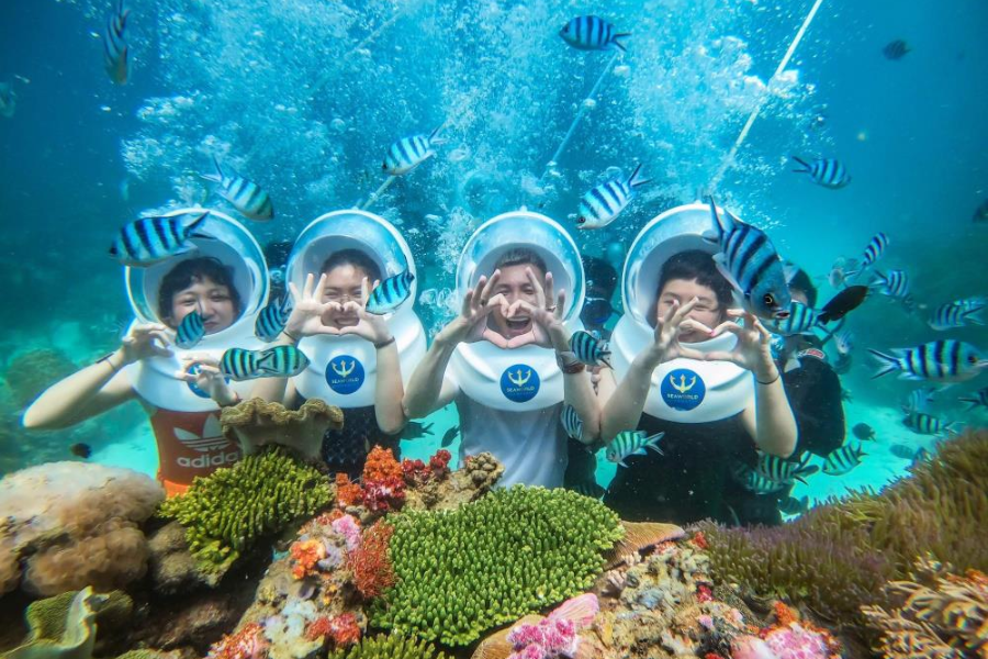 Children joyfully snorkeling in shallow clear turquoise coastal waters with a private guide during travel with kids in Vietnam