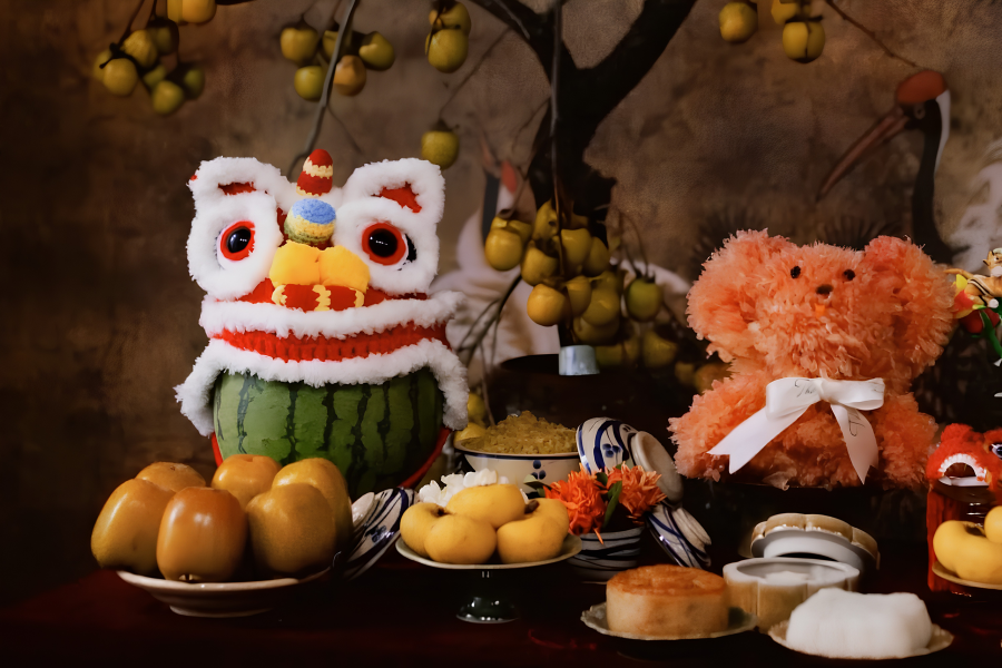 Traditional Vietnamese Mid Autumn Festival feast table with sculpted pomelo dogs, fresh fruits, and mooncakes