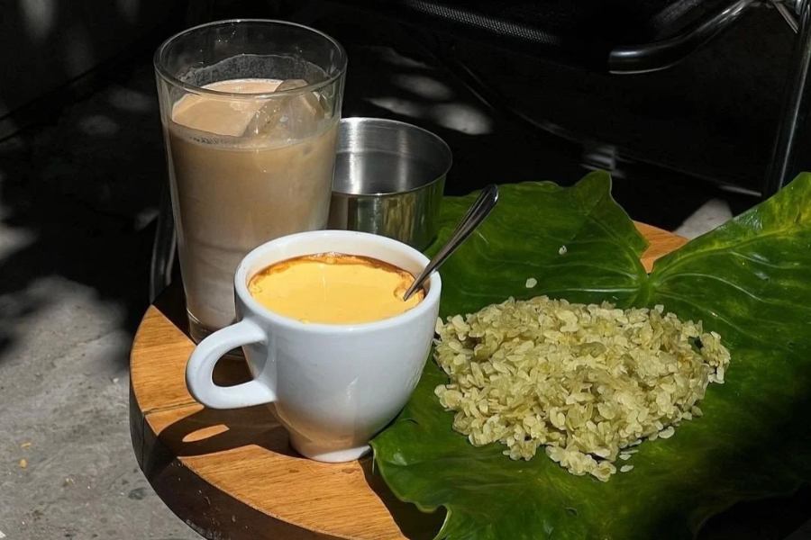 Fluffy, velvety whipped egg yolk custard floating over rich dark Vietnamese Robusta coffee in a vintage ceramic cup at a historic cafe in Hanoi