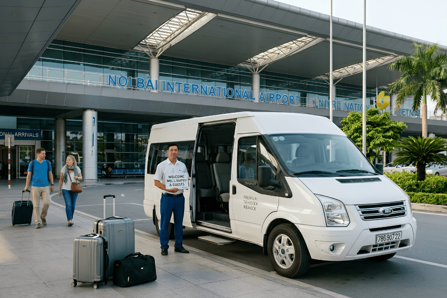 Private chauffeured luxury limousine car ready to pick up travelers outside an international airport in Vietnam