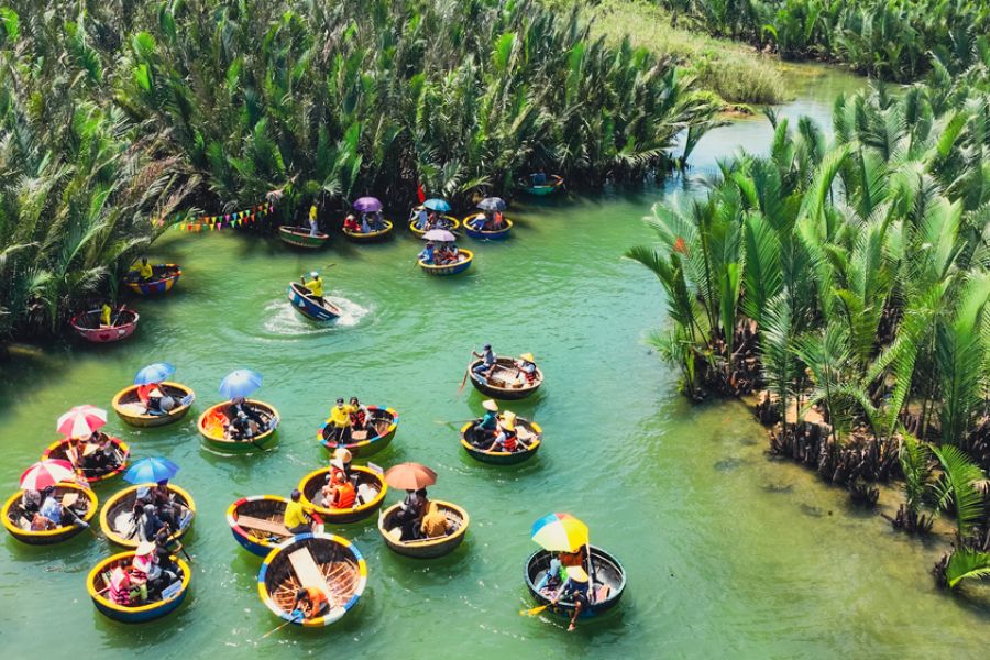 Round woven bamboo basket boats floating through narrow palm-fringed waterways in Cam Thanh water coconut forest
