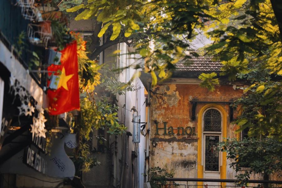 Travelers walking leisurely beneath historic tree canopies past French-colonial architecture in the Ba Dinh district of Hanoi