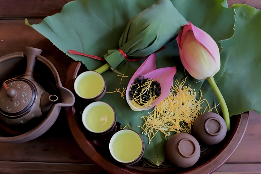 Fresh green tea leaves delicately scented inside a blooming white lotus flower in a traditional ceramic tea pot