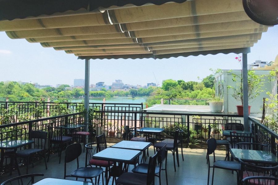 Vietnamese egg coffee at Cafe Pho Co with views towards Hoan Kiem Lake in Hanoi