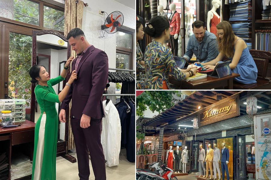 Customer discussing a custom clothing design with a tailor at Kimmy Tailor in Hoi An