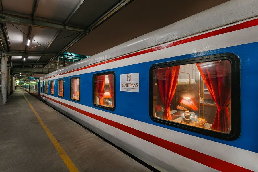 Sleeper train carriages waiting at Hanoi Railway Station before departure to Lao Cai